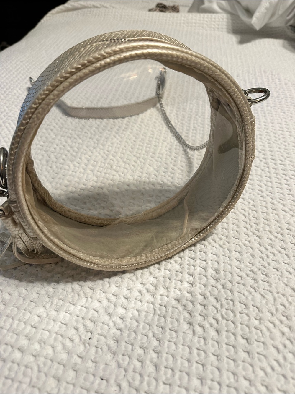 Clear Round Crossbody Bag in Beige with Silver Hardware